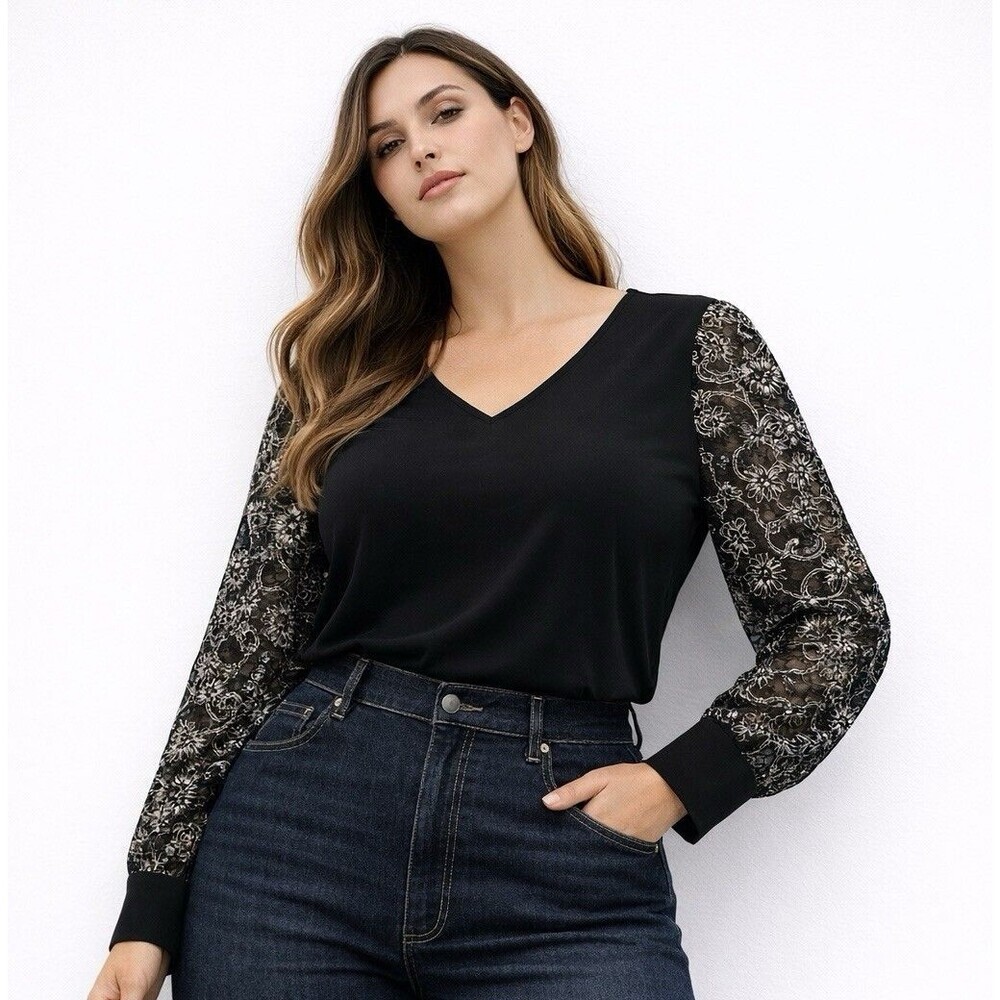 Love Scarlett Black Lace Sleeve Blouse 3/4 Sleeve V-Neck Size XL